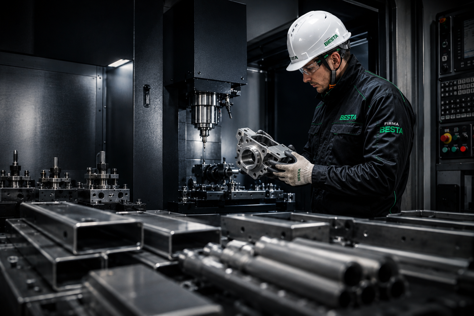 Technik Firma BESTA kontroluje precyzyjny komponent CNC — kompleksowa produkcja OEM pod jednym dachem